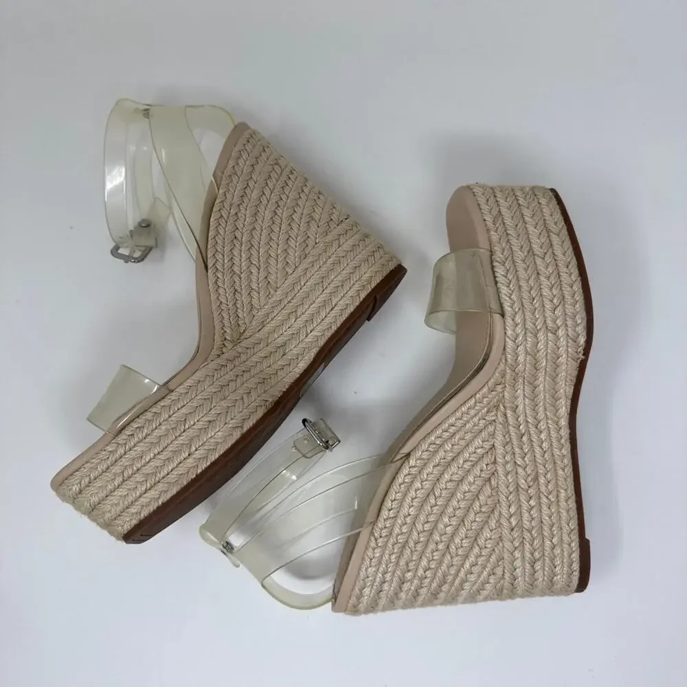 Gianni Bini Platform Wedges Size 6 Blue Denim Mesh Ankle Wrap Espadrille Shoes